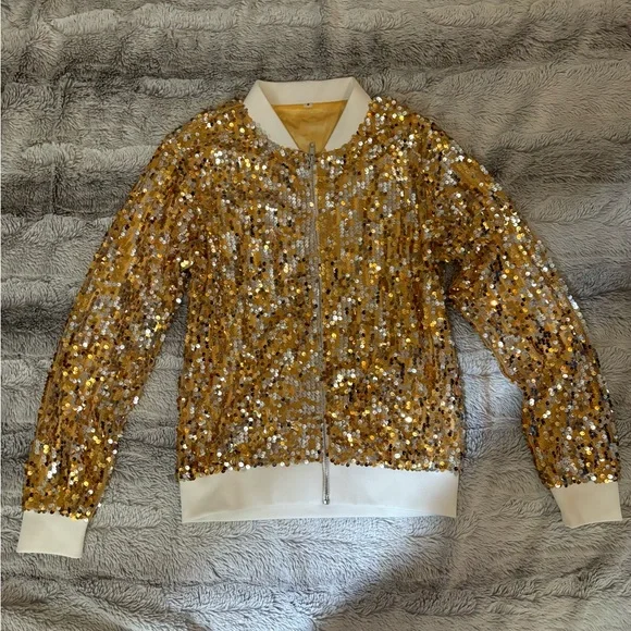 Womens Long Sleeve Sequin Zipper Jacket with Ribbed Cuffs - Picture 8 of 13